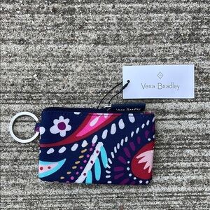 Vera Bradley Lighten Up Zip ID Case Navy Blue Pink Travel Coin Pouch Keyring